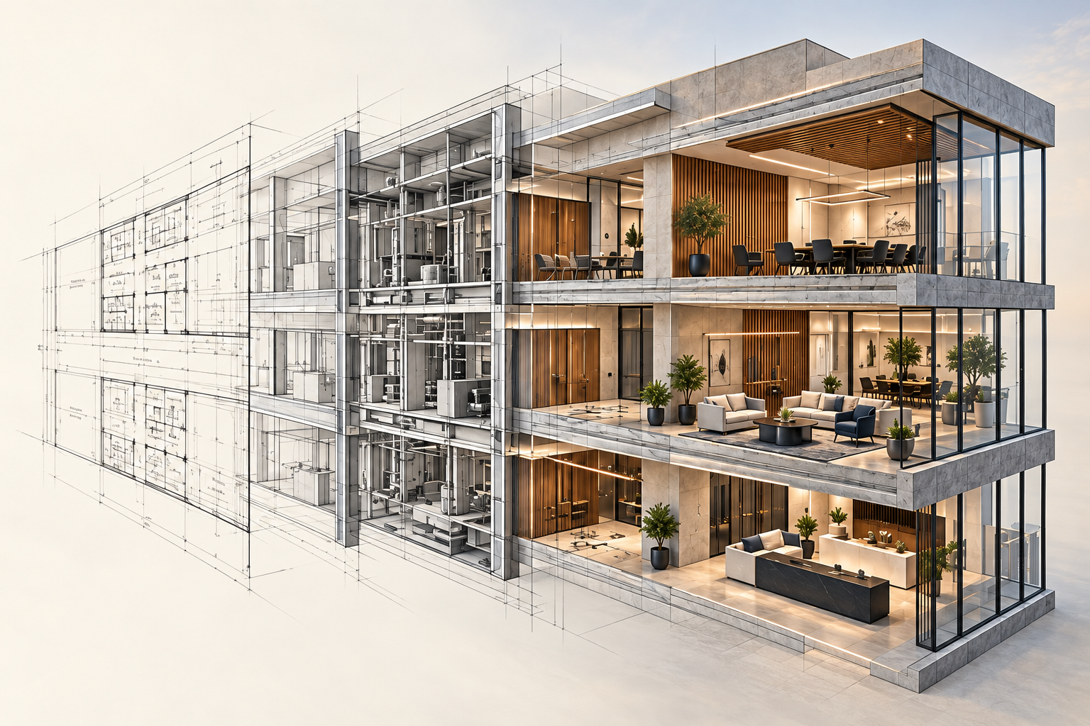 Architectural plans and building systems coming together in a finished space