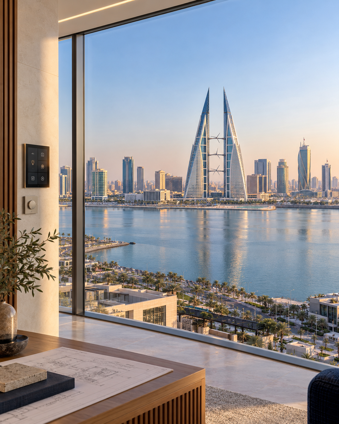 Bahrain waterfront skyline viewed from an illustrated smart-building interior with integrated controls