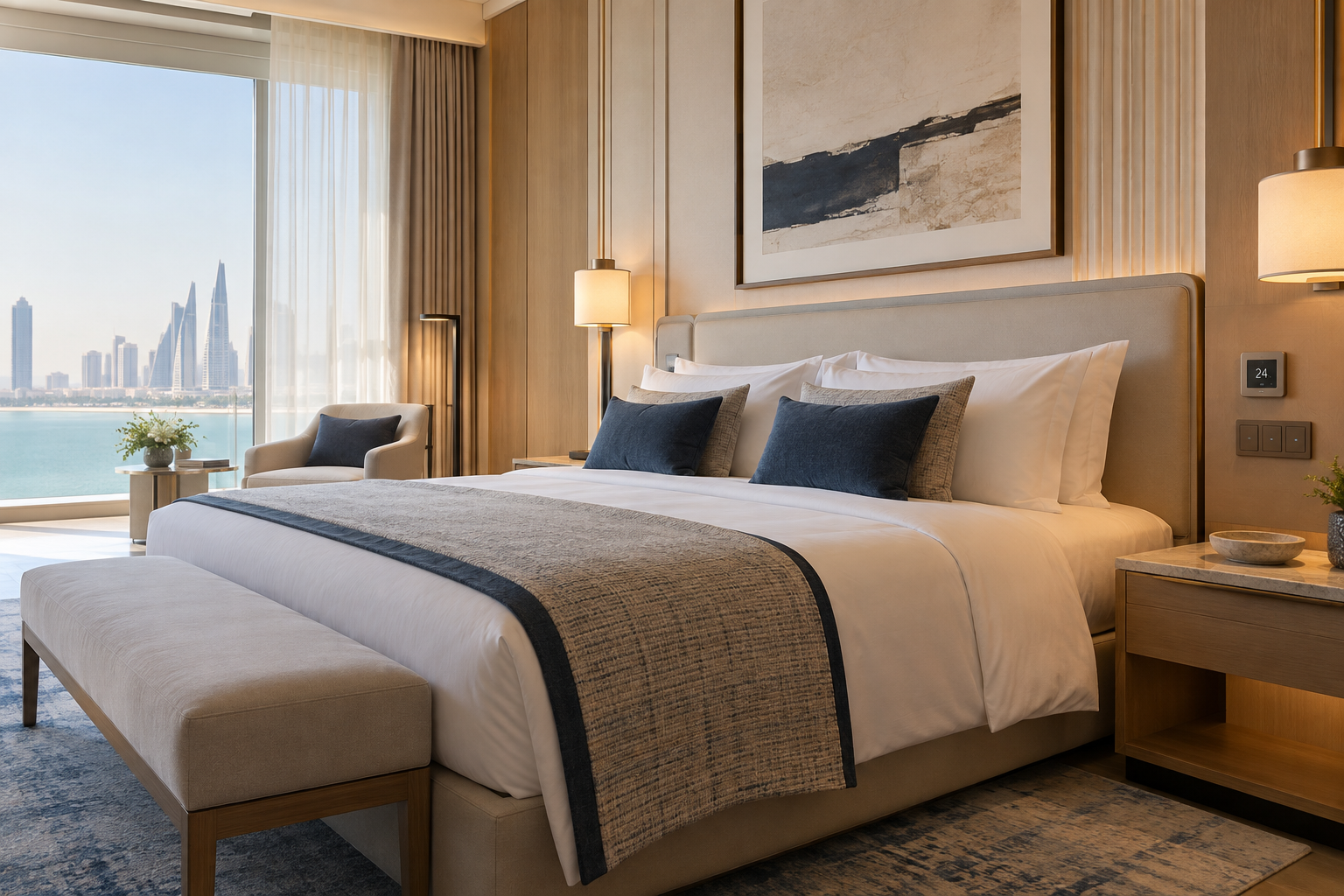 Hotel guest room with bedside thermostat and smart lighting controls